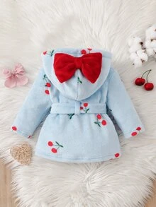 SHEIN 秋冬新生兒白色底可愛紅色櫻桃印花雙面法蘭絨毛絨蝴蝶結睡袍 - 藍色 - 查看 2