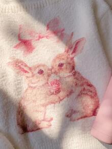 Comfortcana Women's Sweet Cartoon Rabbit Print Off-Shoulder Knit Top - White - View 11