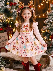 Kids Young Girl Reindeer Christmas Pattern Print Ruffle Hem Dress Creative Gift - Multicolor - View 1