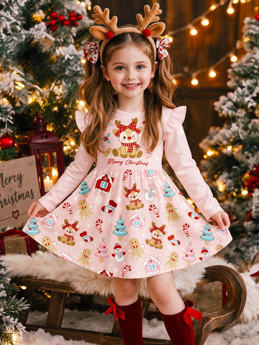 Kids Young Girl Reindeer Christmas Pattern Print Ruffle Hem Dress Creative Gift - Multicolor - View 1