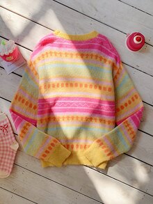 Comfortcana 女款條紋圓領長袖休閒寬鬆毛衣 冬季衣著 2000年代風格上班上衣 - 彩色 - 查看 2