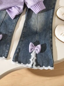 SHEIN Elladie kids 女童韓系簡約花卉刺繡棕色長袖開襟外套，搭配開衩喇叭牛仔長褲，秋季7歲生日穿搭 - 淡紫色 - 查看 6