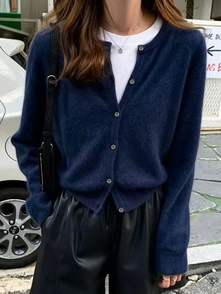 INAWLY 女款時尚復古鈕扣長袖針織開襟衫 - 藏蓝色 - 查看 1