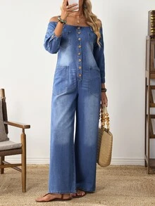 EMERY ROSE Jumpsuit Denim Boho Longgar dengan Tali Bahu yang Dapat Diatur, Cocok untuk Perjalanan Sehari-hari, Jalan-jalan, Pesta, dan Acara Lainnya - Biru - View 8
