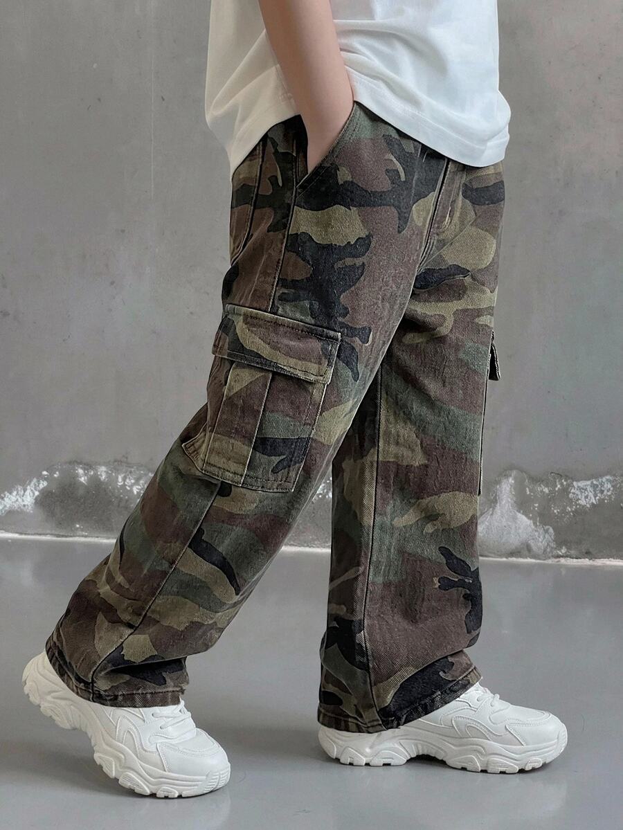 Young Boy Fashion Casual Camouflage Pattern Loose And Comfortable Jeans - Army Green - View 1
