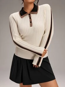 SHEIN BASICS Plus Size Women Colorblock Polo Collar Long Sleeve Casual Sweater Winter - White - View 6