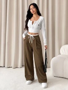 SHEIN PETITE 女款拼色休閒日常長褲，女士春秋休閒抽繩口袋長褲，自然風格 - 棕色 - 查看 4