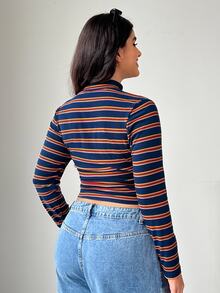 SHEIN EZwear Plus Size Women's Striped Casual Long Sleeve T-Shirt For Daily Wear - Navy Blue - View 2