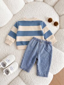 Newborn Baby Minimalist Striped Round Neck Winter Top And Pocket Denim Pants Set - Dusty Blue - View 5