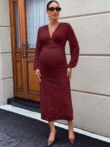 MaterniWear 孕婦V領燈籠袖修身優雅洋裝 - 酒紅色 - 查看 6