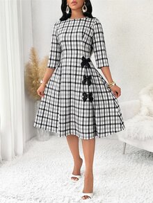 SHEIN Lady 女款圓領七分袖格紋蝴蝶結裝飾中長洋裝 - 白色 - 查看 4