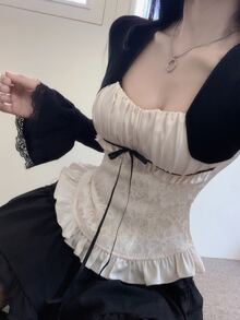 DAZY Patchwork Contrast Color 2 In 1 Lace Trim Tie Bow Elegant Vacation Korean Style Girl Spring Autumn Top Women T-Shirt - Apricot - View 7