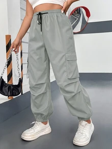 POPSWAY Plus Size Women's Casual Cargo Pants With Drawstring Pockets, Minimalist Style For Spring/Autumn, Campus And Commute - Light Grey - View 4