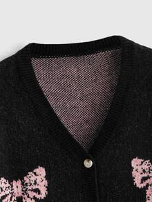 ROMWE Goth Dark Sweet Cool Plus Size Women's Short Cardigan Sweater, Pink Bow & Snowflake Pattern, V-Neck Design, Christmas Party Sweater - Black - View 4
