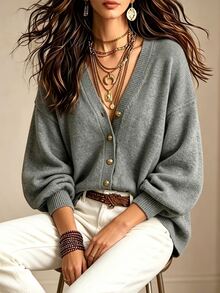 Linhara CURVE Plus Size Vintage Fashion Button Long Sleeve Knit Cardigan - Grey - View 5