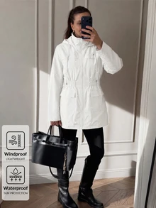 Easowa 女款素色百褶休閒百搭日常連帽外套 - 白色 - 查看 1