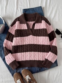 女童粉色與棕色條紋粗針織 Polo V 領長袖短版套頭毛衣，羅紋下擺，甜美學院風休閒針織上衣，適合秋冬 - 彩色 - 查看 3