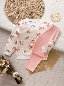 SHEIN Vintaside Kids 女童粉色花卉長袖運動衫與粉色羅紋內搭褲套裝，可愛時尚休閒春秋冬套裝 - 淺粉色 - 查看 3
