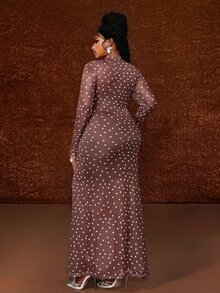 Maweii Plus Size Women's Brown Polka Dot Mesh Long Sleeve Waist Twist High Slit Sheer Maxi Bodycon Dress - Brown - View 3