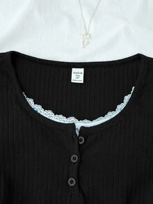 SHEIN 青少年女孩秋季黑色針織T恤，花卉拼接2合1蕾絲飾邊，休閒百搭 - 黑色 - 查看 4