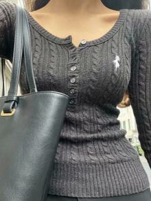 Livesso Women's Dark Gray Round Neck Button Cable Knit Fitted Embroidered Long Sleeve Sweater Winter - Grey - View 1