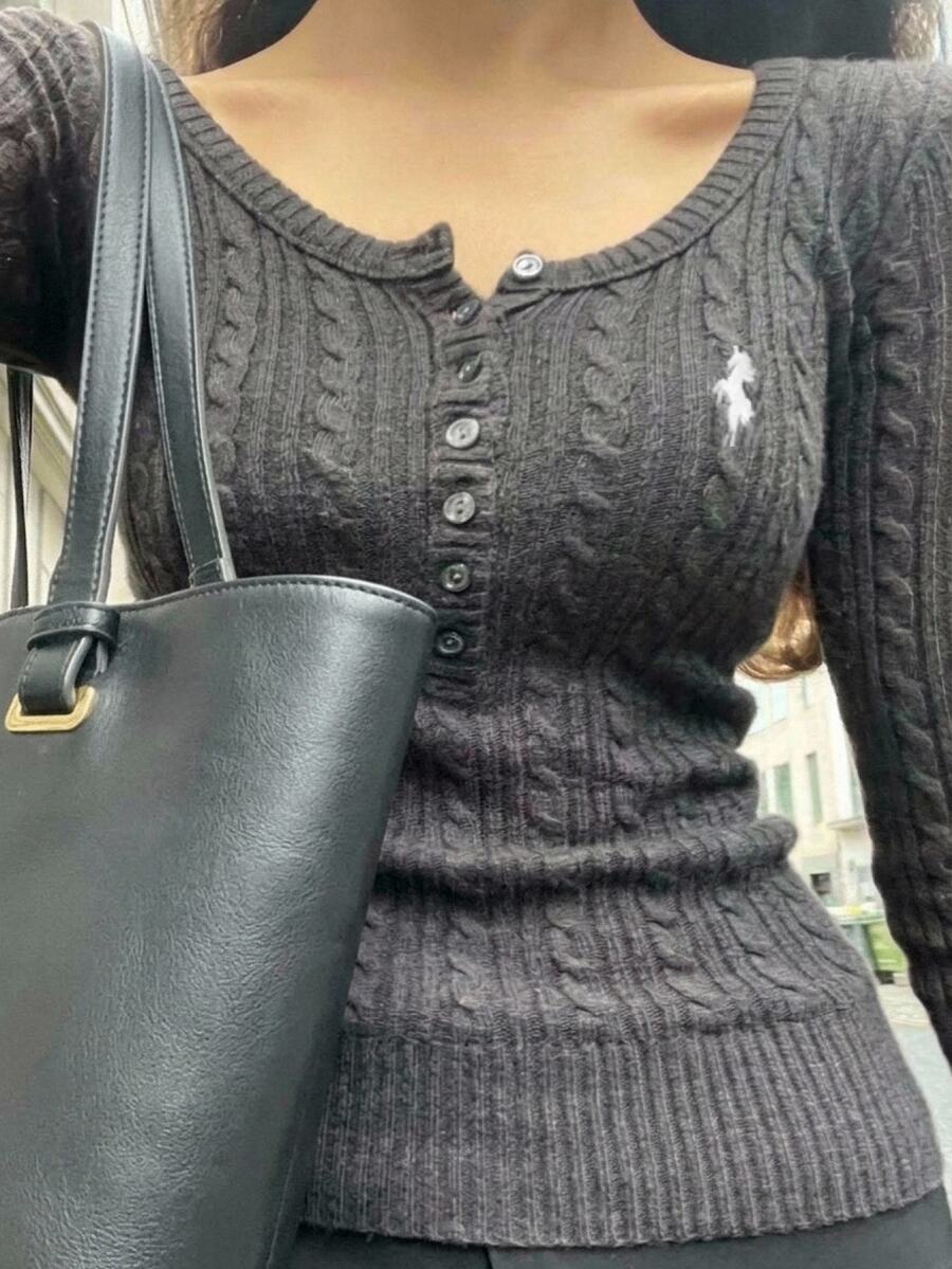 Livesso Women's Dark Gray Round Neck Button Cable Knit Fitted Embroidered Long Sleeve Sweater Winter - Grey - View 1