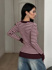 Coolane 女款條紋休閒日常長袖針織衫 - 粉色 - 查看 6
