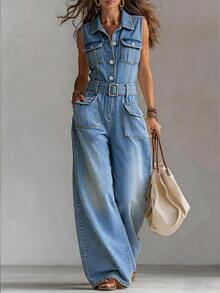 LUMIGAL Dam-denimjumpsuit med knäppning fram, fickor och vida ben, hot girl-stil - Blå - Visa 1