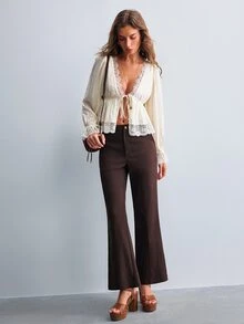 Willow Rêve Women's Solid Color Pocket Casual Daily Flare Long Pants - Brown - View 4