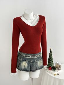 Elamini Women's Autumn/Winter Lazy Fashion Versatile Vintage Lace Button Sweater For Daily Commute And Party - Burgundy - View 5