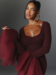 NYA SZN Dress Midi Scoop Neck Long Sleeve Mesh Church Holiday Festival Special Occasion Everyday Casual Work Concert Going Out Club Party Maroon Fall Winter - Purple - View 6