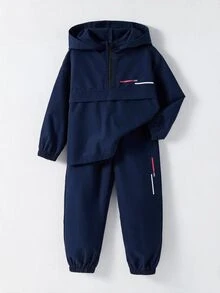SHEIN 2件組兒童小男孩休閒日常百搭舒適拼接連帽半拉鍊套頭寬鬆長袖夾克與寬鬆收口長褲梭織套裝，適合學校、花園、海灘、生日，春夏穿著 - 彩色 - 查看 4