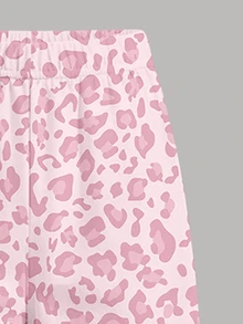 Young Girls Autumn Casual Fresh Pink Sword Pony Foundation Leopard Print Patchwork White Pattern Slim Fit Long Sleeve T-Shirt And Wide Leg Pants Set - Multicolor - View 4