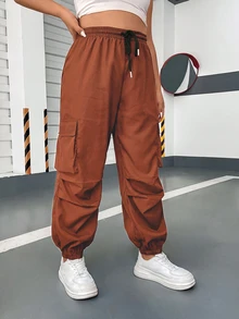 POPSWAY Plus Size Elastic Waist Drawstring Tie Multi-Pocket Casual Cargo Pants - Redwood - View 4
