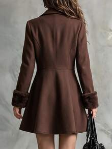 Yalmera Women's Autumn/Winter Patchwork Fur Cuff Stand Collar Elegant Overcoat - Brown - View 2