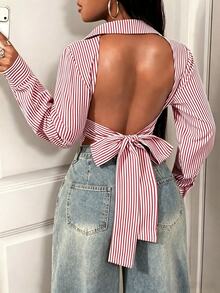 BamGleam Women's Striped Backless Tie-Knot Design Fashion Single-Breasted Shirt - Red - View 3