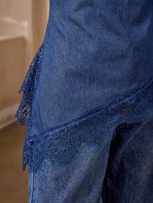 Selenza Women's Solid Color Pleated Casual Daily Denim Top - Blue - View 7