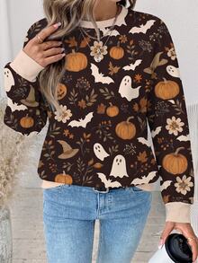Comfylo Brown Pumpkin Maple Leaf Floral Casual Minimalist Plus Size Sweatshirt Suitable For Holiday Wear - Multicolor - View 4