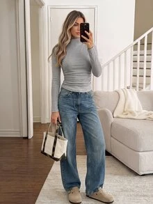 Easowa Women's Fall/Winter Solid Color Stand Collar Long Sleeve Ruched Slim Fit Casual T-Shirt Lounge Light Grey Everyday - Grey - View 5