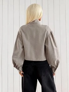 SHEIN EZwear 女款素色拉鍊休閒日常長袖夾克 - 卡其色 - 查看 2