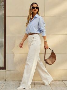SHEIN Tall Women's Pocket Design Wide Leg Loose Casual Denim Jeans - Apricot - View 3