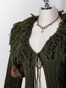 SHEIN ICON Plus Size Y2K Knit Top With Turn-Down Collar, Fur Trim And Tassel - Army Green - View 5