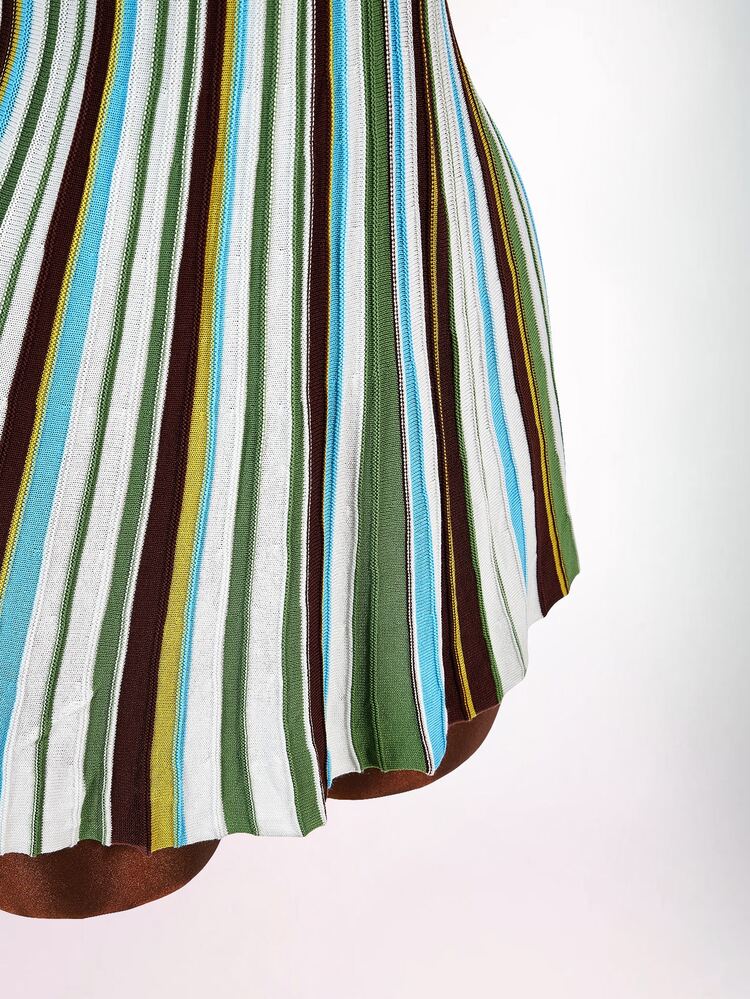 Amplova Vestido mini de punto con cuello polo a rayas de bloques de color, cintura ceñida y silueta evasé - Multicolor - Añade 7