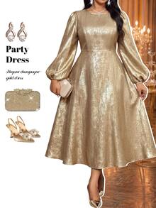 Fleurora Plus Size Round Neck Long Sleeve Lantern Sleeve High Waist Dress - Gold - View 7