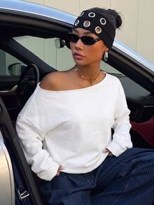 Veykashi 女款休閒白色露肩寬鬆長袖棉質衛衣，秋季新品 - 白色 - 查看 4