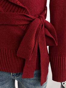 Elamini Women's Deep Brown Oversized Lapel Cross-Waist Tie-Up Sweater, Hot Girl Style - Burgundy - View 7
