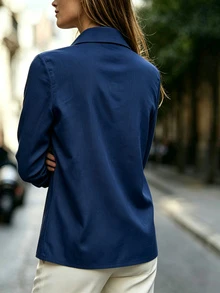 Louniche 女款春秋復古通勤襯衫，翻領單排扣長袖上衣，優雅百搭顯瘦上衣 - 藏蓝色 - 查看 2