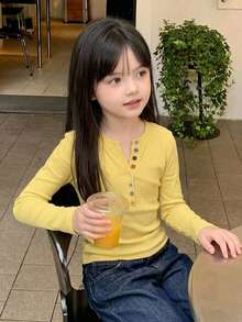 Dazy Kids Tween Girl) Fitted Long Sleeve Casual Base Layer Top T-Shirt - Yellow - View 3
