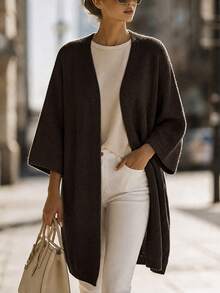 SHEIN Women's Solid Color 3/4 Sleeve Open Front Loose Knit Cardigan - Coffee Brown - View 5