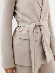 KÆRIA Hus Relaxed Fit Belted Blazer - Textured Compact Tailoring - Stone - Power Suiting, Tailored - Grey - View 4